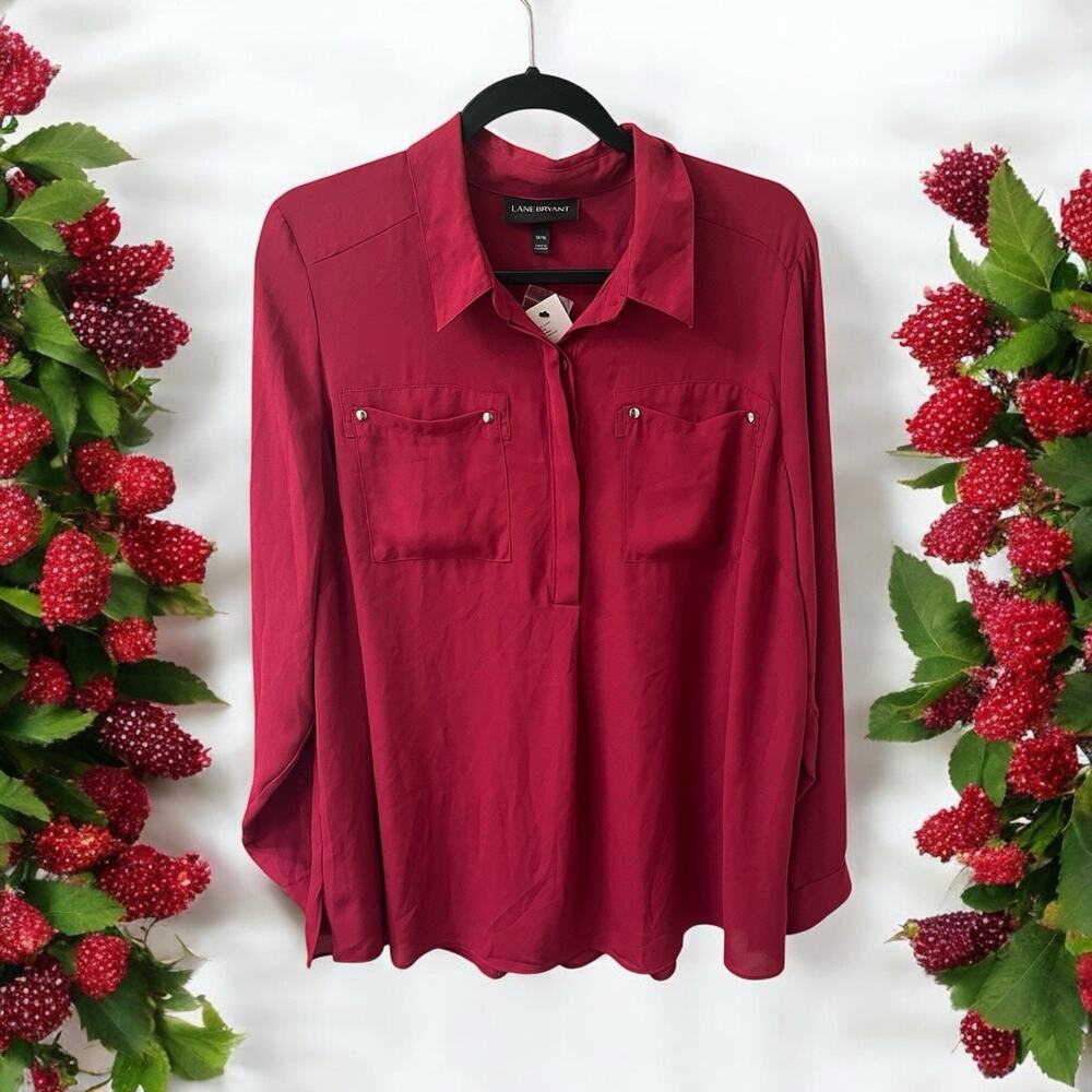 NWT Lane Bryant 14/16 Berry Polyester‎ Button Blouse Tunic Pockets Long Sleeve